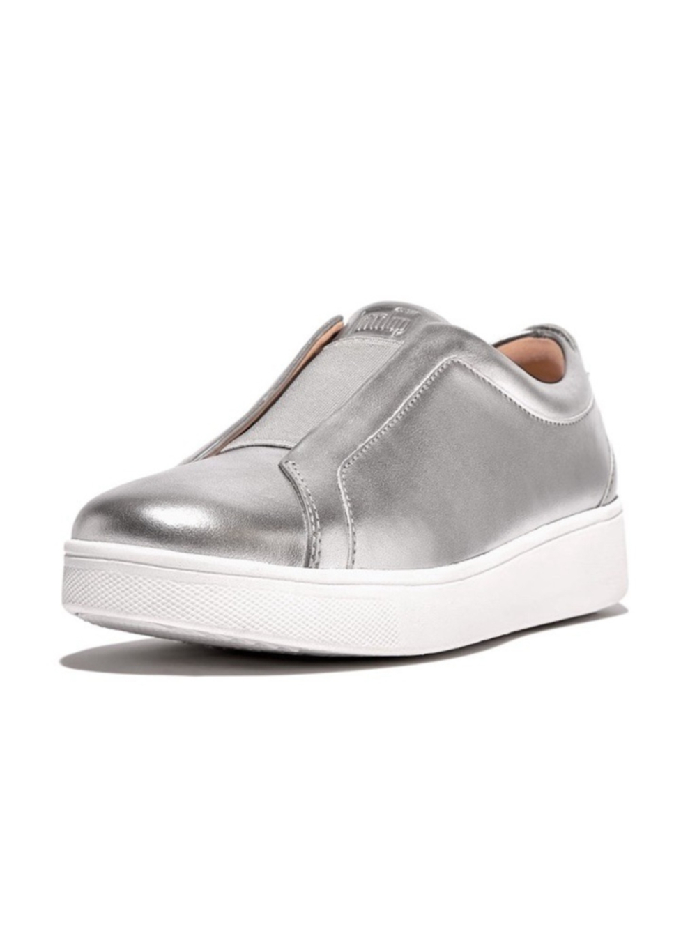Fitflop 8.5 Silver Sneakers Leather Laceless Metallic Elastic Rally Slip On